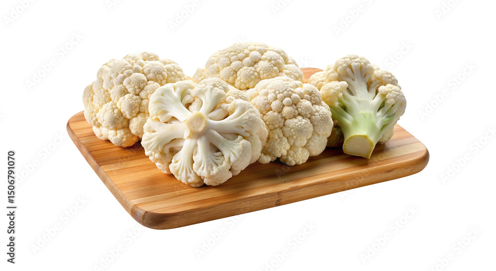 Fototapeta premium Fresh Cauliflower Heads on a Wooden Cutting Board, ready for Cooking