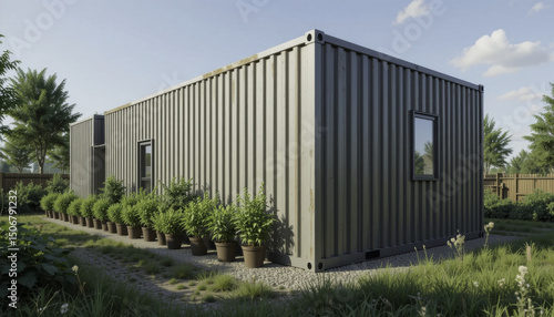 Wallpaper Mural modern shipping container home is surrounded by lush greenery and potted plants, set in tranquil garden. structure features minimalist design with small windows, blending with natural environment Torontodigital.ca