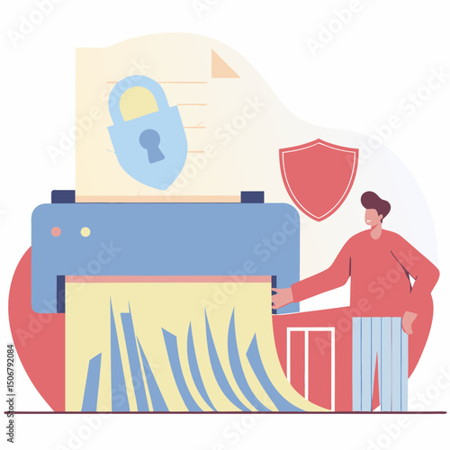 Paper shredder icon with document, padlock symbol, shield, and man, representing data security, privacy protection, and confidential document disposal in office environment