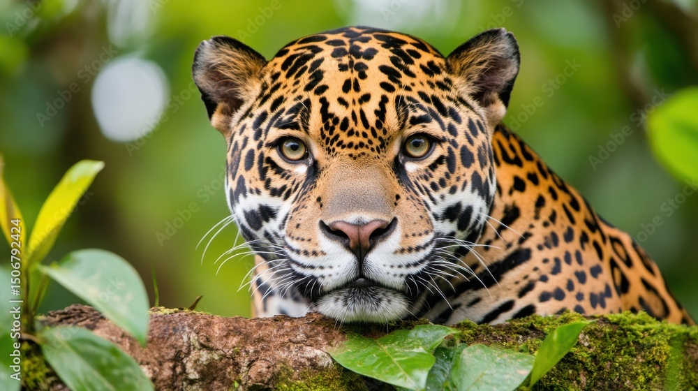 Obraz premium Majestic Jaguar Resting on Tree Branch in Lush Green Environment