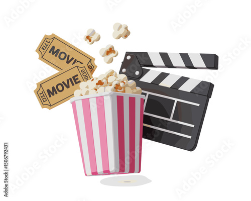 Popcorn, Movie Tickets, and Clapperboard Representing Cinema and Entertainment  