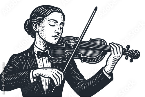 Elegant female violinist in formal suit and bow tie plays with closed eyes, immersed in music. Vintage woodcut/engraving style. Monochrome vector. Classical.