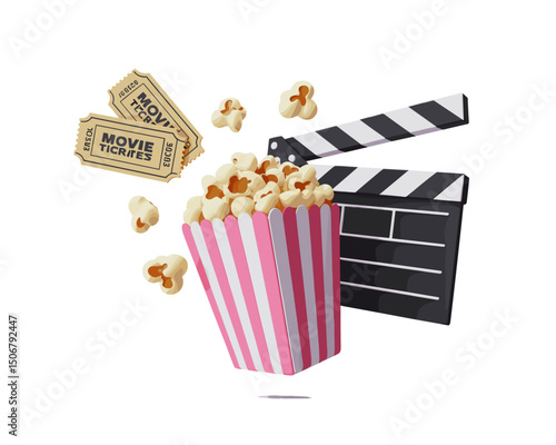 Popcorn, Movie Tickets, and Clapperboard Representing Cinema and Entertainment  