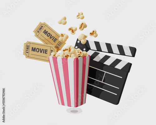 Popcorn, Movie Tickets, and Clapperboard Representing Cinema and Entertainment  