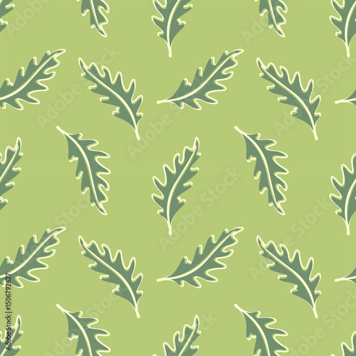 Arugula leaves pattern, leafy vegetables. Microgreen. On green background.