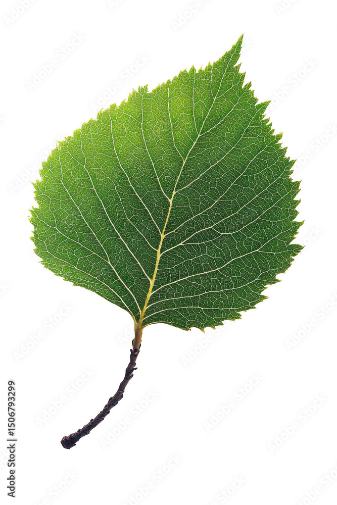 Fototapeta premium A single green leaf with detailed veins and serrated edges.