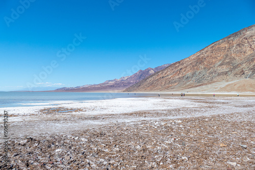 Badwater Basin with salt in death valley national park, California USA on a sunny day