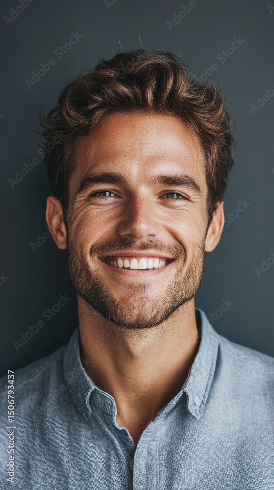 Obraz premium Portrait of a Handsome Smiling Man with Wavy Brown Hair Wearing a Blue Shirt Against a Dark Background Studio Shot