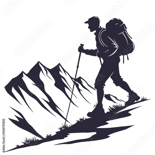 a male hiker walking on a mountain trail black si