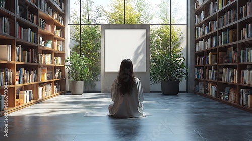 Sunlit library mockup with person and blank canvas by window

