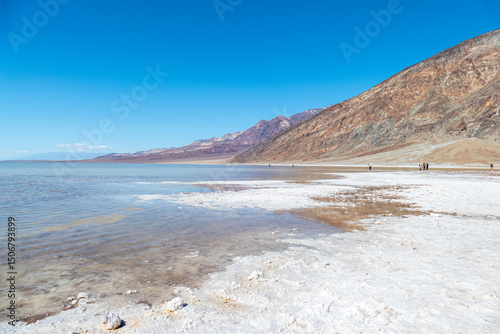 Badwater Basin with salt in death valley national park, California USA on a sunny day