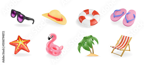 Summer beach 3d render vector icon set. Realistic palm tree, sunglasses, chaise lounge. Starfish, flamingo, flip flops. Fun sea travel holiday elements