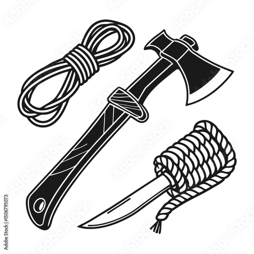 camping gear tools set axe rope knife black si