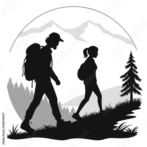 couple hiking side by side black silhouette vecto