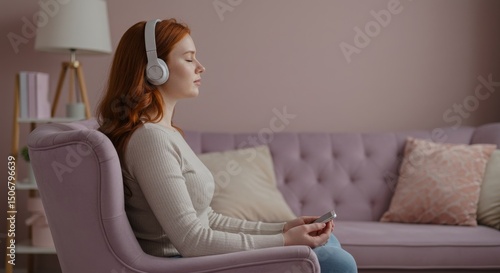Young Woman Enjoying Music in Cozy Living Room with Pink Walls