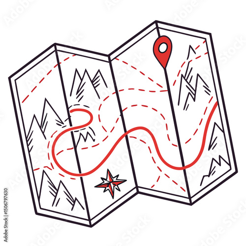folded map with trail route flat vector style wh