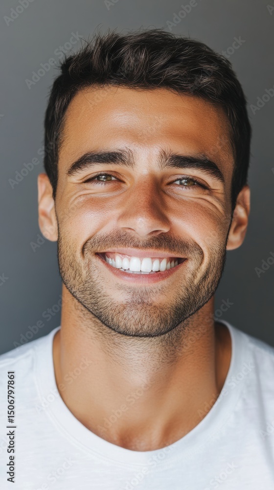 Obraz premium Portrait of a Handsome Smiling Man with Dark Hair and a White T-Shirt Against a Gray Background