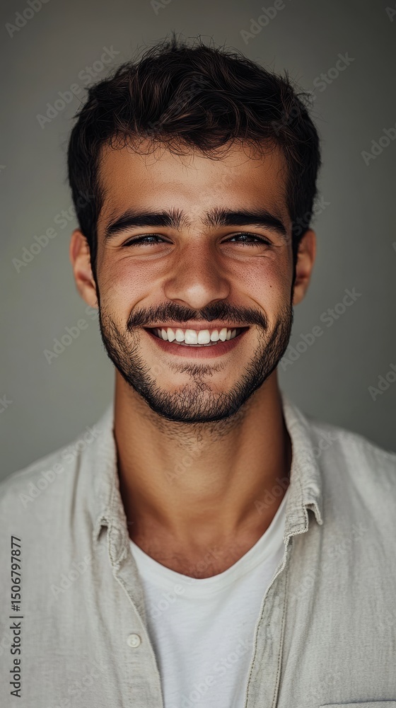 Fototapeta premium Portrait of a Happy Smiling Young Man with Dark Hair and Beard, Wearing a Light Beige Shirt and White T-Shirt Underneath