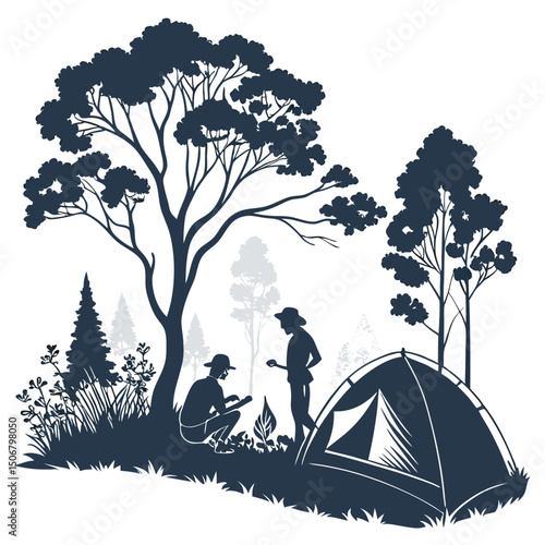 forest scene with campers and tent silhouette vec