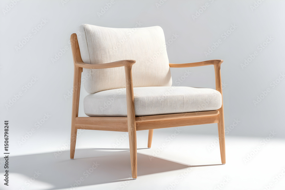 Fototapeta premium Modern upholstered armchair showcasing minimalist design with natural wood accents in a well-lit interior space