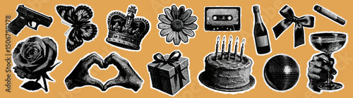 Vintage celebration icons collage vector