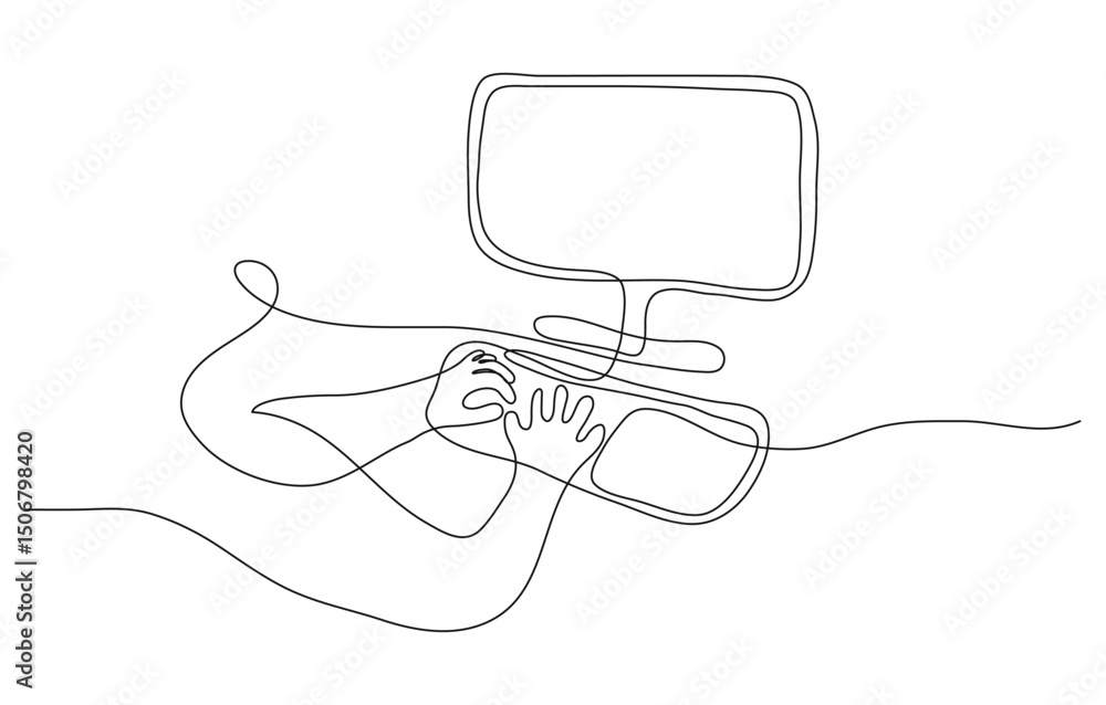 Obraz premium Hands typing on laptop keyboard one line drawing. Inputting data, employee working, businessman. single hand drawn editable stroke. Outline dark administrator IT specialist accountant concept.