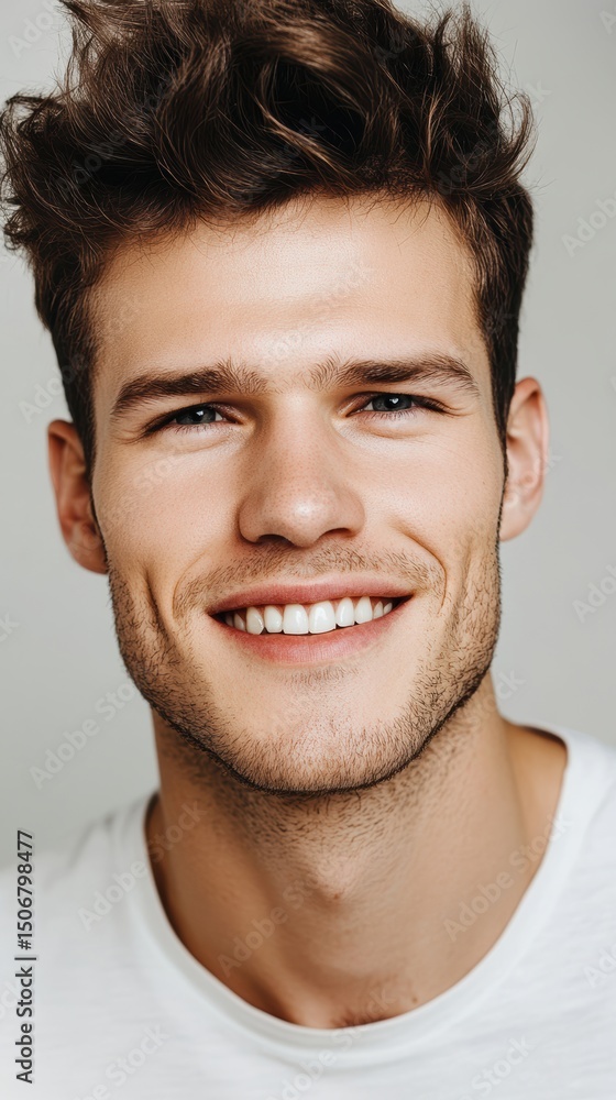 Fototapeta premium Portrait of a Handsome Smiling Young Man with Brown Hair and a White T-Shirt Close-Up Studio Shot