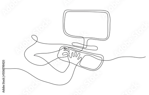 Hands typing on laptop keyboard one line drawing. Inputting data, employee working, businessman. single hand drawn editable stroke. Outline dark administrator IT specialist accountant concept.