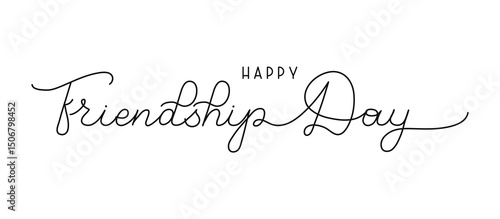 Happy Friendship Day One continuous single line lettering on white background. Minimalist black drawing of greeting. Hand drawn quote with editable stroke. Outline handwritten script