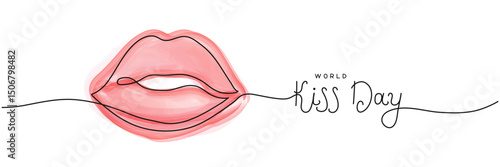 World kiss day one line art background with watercolor red lips. Editable stroke hand drawn lettering. Text banner template. Outline drawing with typography