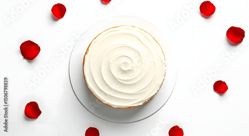  A top view of a simple round vanilla cake with smooth white frosting.