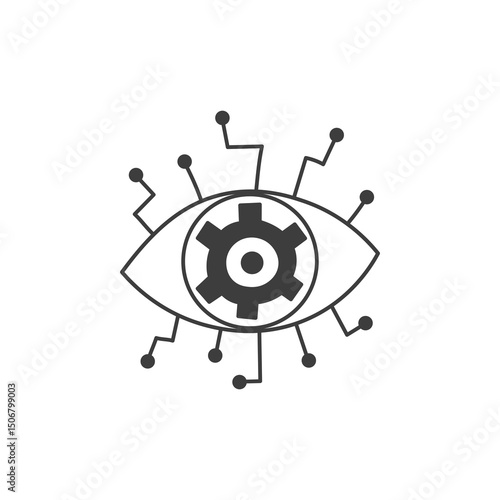 Eye with Gear and Circuit Icon. Technology Robot AI Chatbot artificial intelligence symbol. Outline doodle vector illustration