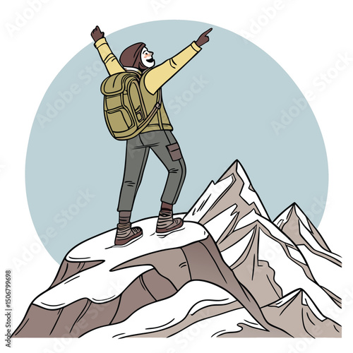 hiker standing on mountain peak with arms wide