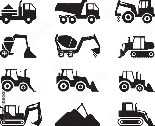 Construction vehicles icons heavy equipment machinery