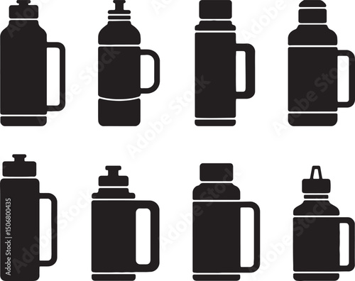 Eight silhouettes of various water bottles and thermoses