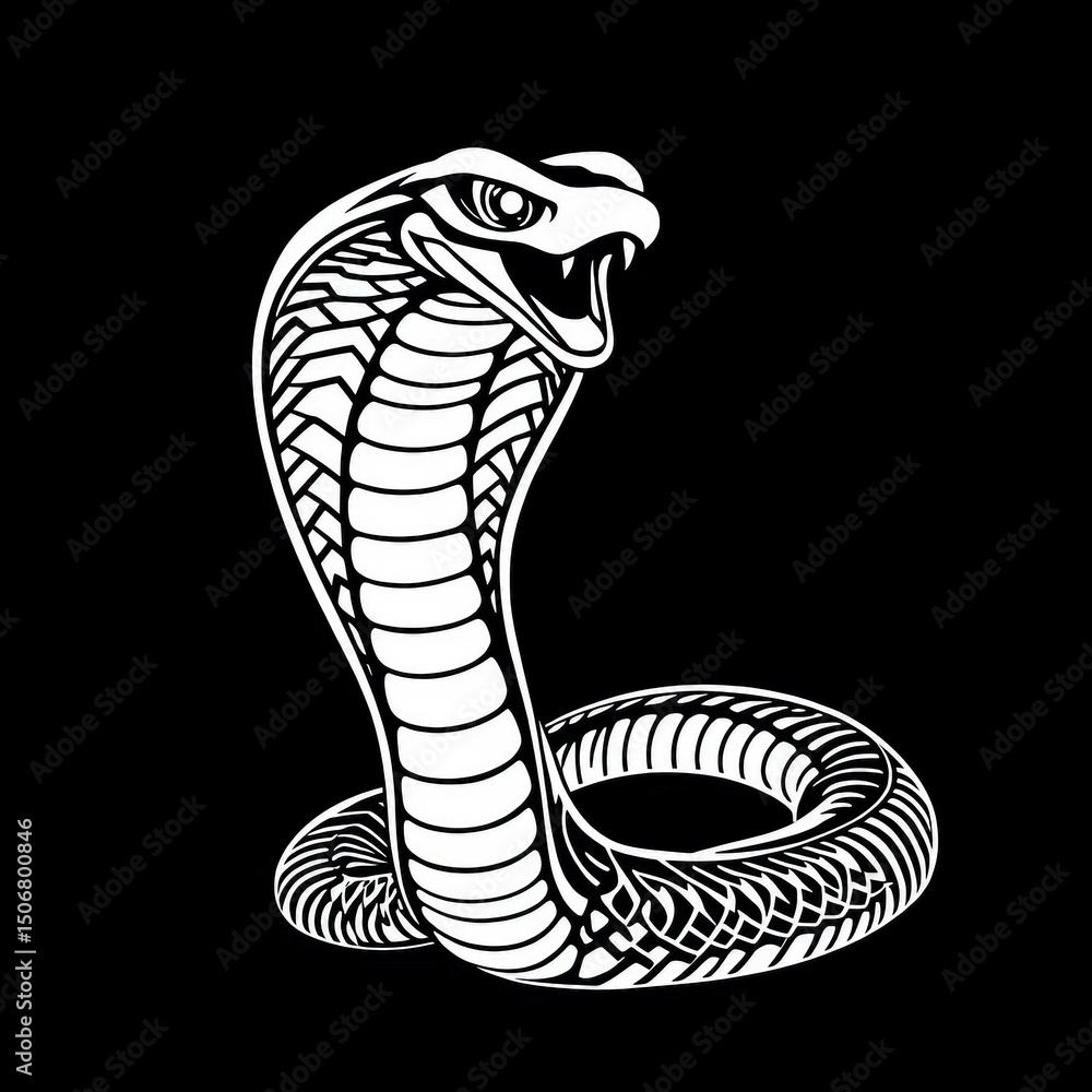 Fototapeta premium Gefährliche Kobra in aufgerichteter Haltung als detaillierte Schwarz-Weiß-Grafik – Symbol für Gefahr, Stärke und Mystik.