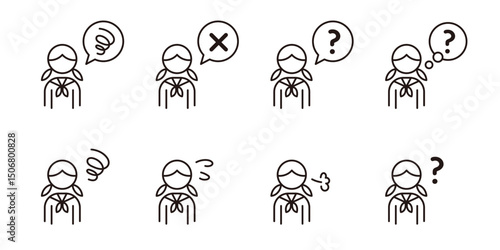 ネガティブな感情のピクトグラム。悩んでいる、もやもやしている、困っている人のアイコン。