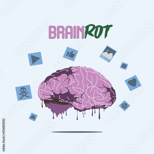 brainrot illustration, network sosial issue, mental illness, brain damaged, anomalies cartoon illustration attack a brain