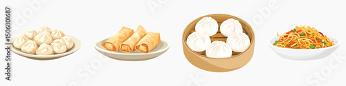 Illustration of Asian dishes: dumplings, gyoza, tempura, and curry on a green background, vector set