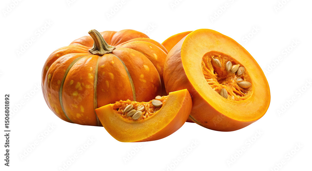 Vibrant Studio Shot of Whole and Sliced Pumpkins on a White Background Vibrant Studio Shot of Whole and Sliced Pumpkins on a White Background