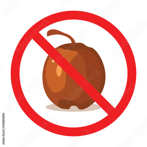 Forbidden sign with brown coconut icon, no brown old coconut allowed sign, old coconut prohibition symbol