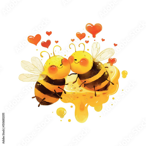 Cute cartoon bees sharing love on a bright background with hearts and cheerful expressions
