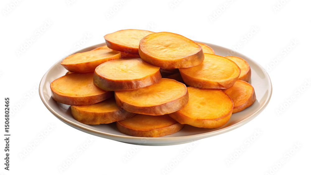 Pile of Freshly Cut Sweet Potato Slices on a Plate Pile of Freshly Cut Sweet Potato Slices on a Plate