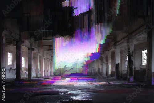 Digital Glitch Portal Opens in Abandoned Warehouse