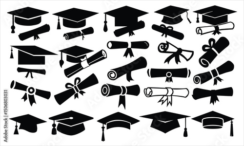 Graduation Hat And Diploma Bundle Silhouette Stencil Templates