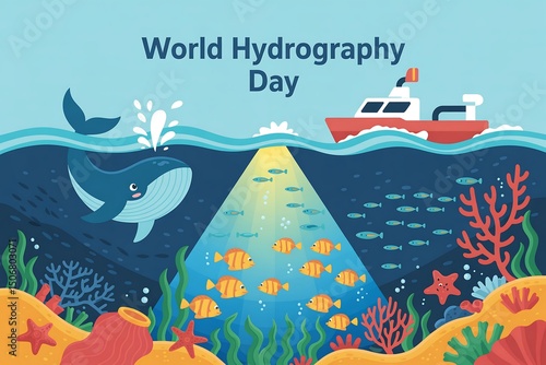 Illustration of world hydrography day with whale boat and underwater marine life scene