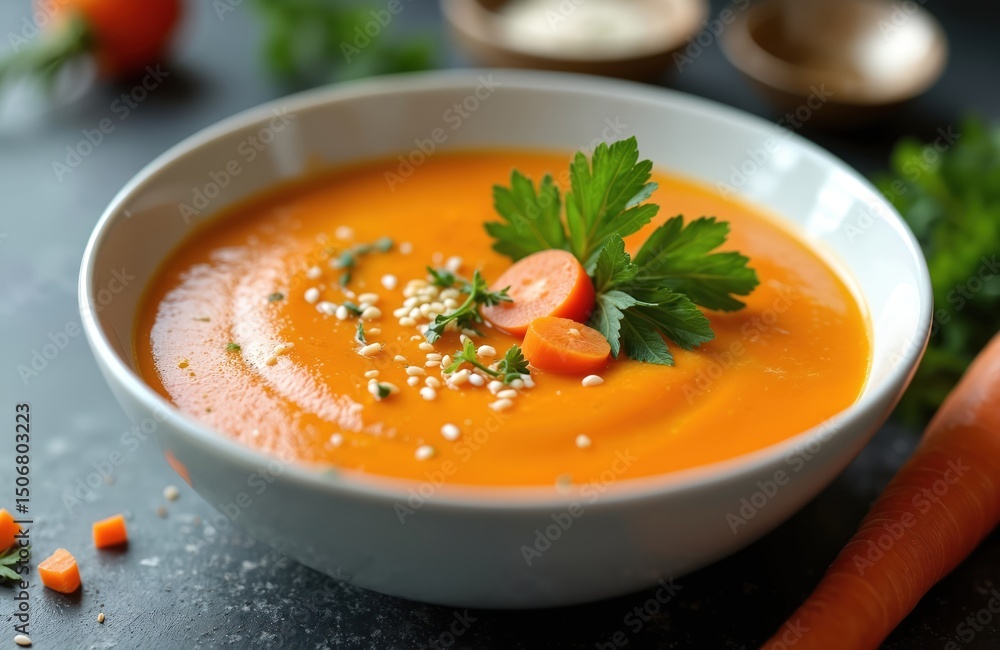Vibrant bowl soup, fresh herbs garnish. Carrot slices, sesame seeds add texture. Appetizing dish, vegetarian meal. Perfect for lunch, dinner. Healthy, organic ingredients. Vibrant bowl soup, fresh herbs garnish. Carrot slices, sesame seeds add texture. Appetizing dish, vegetarian meal. Perfect for lunch, dinner. Healthy, organic ingredients.