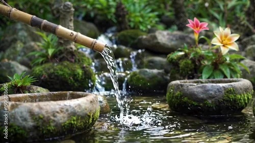 Traditional Bamboo Water Fountain in a Zen Garden