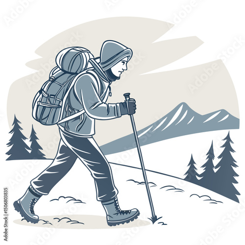 trekker with poles walking through snow