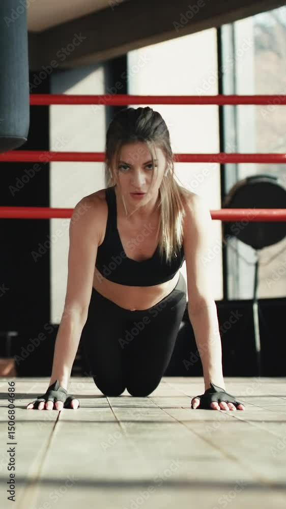 Vertical Format Video of Athletic Beautiful Woman Does Push-ups as Part of Her Cross Fitness, Bodybuilding Gym Training Routine. Vertical Format Video of Athletic Beautiful Woman Does Push-ups as Part of Her Cross Fitness, Bodybuilding Gym Training Routine.
